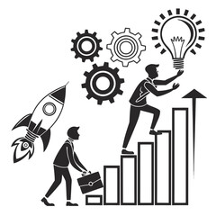 Vector art of two businessmen are depicted in a conceptual illustration of business growth, one climbing stairs towards a lightbulb and the other carrying a briefcase