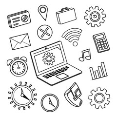 Vector art of a doodle style illustration featuring a laptop surrounded by various icons such as a clock, calculator, envelope, gear, music note, and wifi symbol