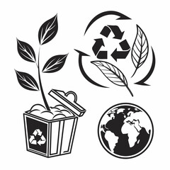 Vector art of a black and white illustration featuring a recycling symbol, a plant growing out of a trash can, and a globe