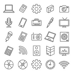 Vector art of a set of line art icons featuring various electronic devices and symbols such as a laptop, camera, microphone, phone, calculator, and wifi symbol