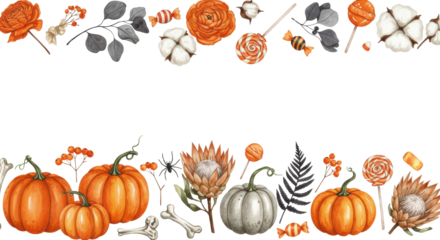 Watercolor autumn Halloween border with vibrant and grey pumpkins (spider), bones, dark foliage, ranunculus, lollipops, candy corn, flat lay on white copy space, macabre autumn decoration concept