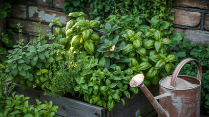 Herb Garden With Watering Can and Brick Wall