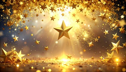 A radiant, celestial scene featuring golden stars in various sizes, bathed in warm light and shimmering particles