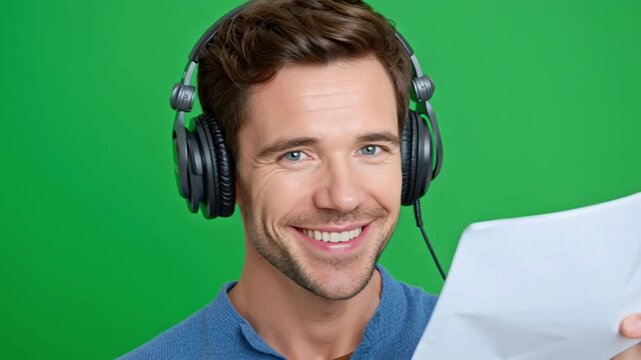 A man's voice over studio with headset: A man, headphones, script in hand, radiates joy as he delivers lines into a recording, capturing the essence of dedication and passion.