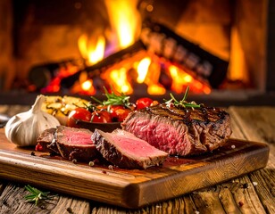 Close-up of a cooked steak, tomatoes, garlic, rosemary near a fire