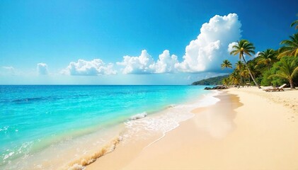 Fototapeta premium Stunning Golden Sand Beach Meets Vibrant Blue Ocean Under a Bright Sky Perfect Summer Vacation Scene