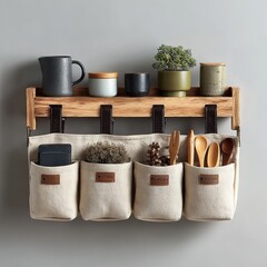 Naklejka premium Rustic Wall Organizer Displaying Natural Elements and Kitchen Accessories Gracefully