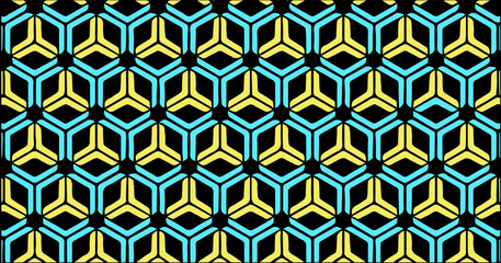 Colorful geometric pattern with cube and triangle shapes forming a seamless modern background in yellow, blue, and black tones.