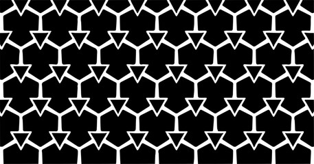 Naklejka premium Black and white geometric pattern with arrow-like star shapes forming a modern and dynamic seamless background.
