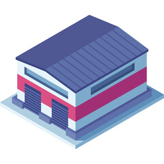 Pixel Art Isometric Warehouse Building With Two Garage Doors And A Purple Roof On A White Background