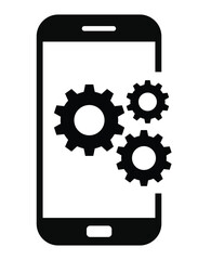 Mobile settings and system icon featuring three cogwheels (gears) partially displayed on or next to a simple smartphone outline. Represents app development, optimization, device configuration, technic