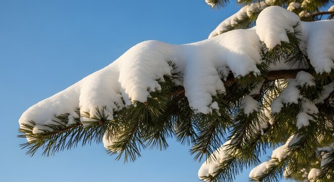 Snow covered pine branch against a clear blue sky on a bright sunny winter day in a close up view