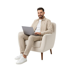 Man seated comfortably with laptop in an isolated setting exudes professional charm and relaxed