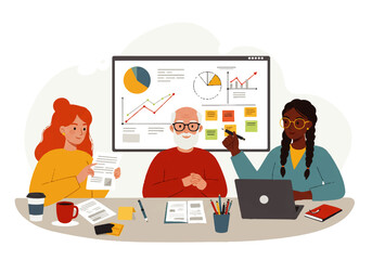 Three diverse colleagues collaborate in a meeting, reviewing data charts and reports with a laptop, coffee, and stationery on the table.