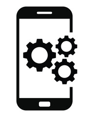 Mobile settings and system icon featuring three cogwheels (gears) partially displayed on or next to a simple smartphone outline. Represents app development, optimization, device configuration, technic