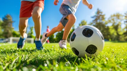 Fototapeta premium Father and son enjoying a joyful soccer game together in the park under a clear blue sky