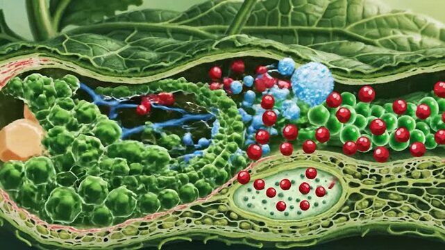 Detailed illustration of plant cell photosynthesis process and cellular respiration.
