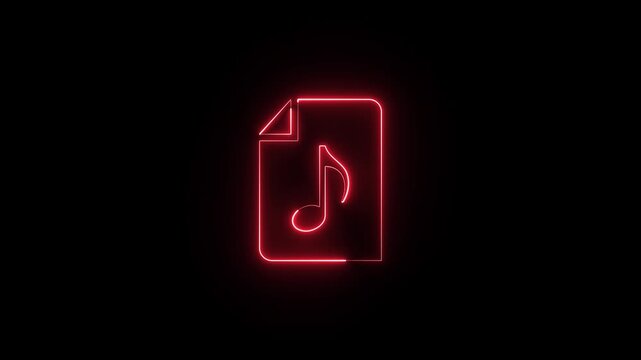 Neon music icon in a file animation on black background.	
