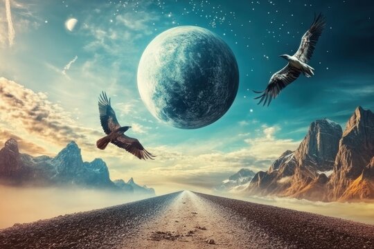 Majestic eagles soaring over a surreal landscape with a large moon in the sky