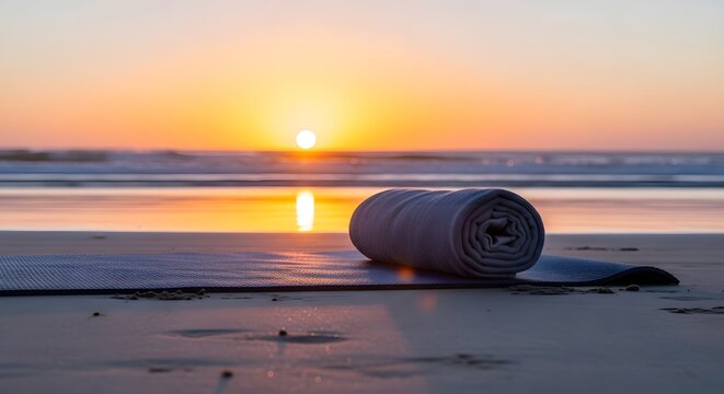 Rolled towel on a yoga mat at the beach during a vibrant sunset with ocean waves in the background