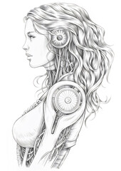 Robot girl. Freehand sketch and coloring book page for adults.