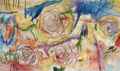 Fototapeta premium Hand drawn floral garden artwork in watercolor and colored pencil, expressive abstract composition with flowers and nature shapes, high-resolution scan for print and web design