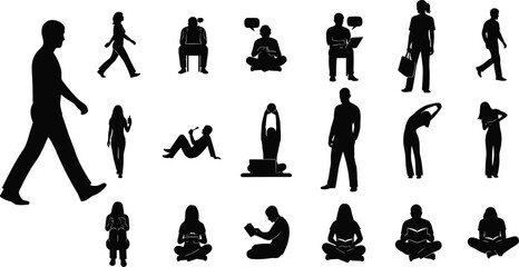Silhouette human figures in various poses, walking, sitting, reading, stretching, exercising, talking, carrying bag, child posture, cad drawing flat vector illustration