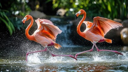Two Flamingos Running on Water, Spreading Their Wings