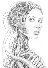 Cyborg girl. Freehand sketch and coloring book page for adults.
