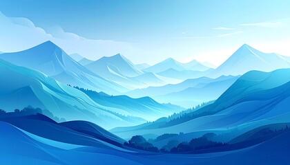 Fototapeta premium A serene landscape depicting blue mountains fading into the distance under a bright sky, with gentle gradients and stylized trees