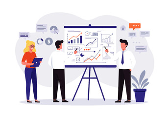 Illustration of three business professionals analyzing charts and graphs on a whiteboard, discussing data and strategy in a collaborative meeting.