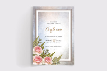 WEDDING INVITATION FRAME WITH FLOWER DECORATIONS AND FRESH LEAVES