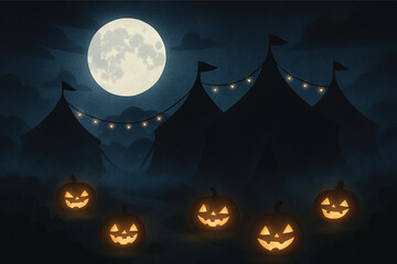 Creepy Halloween Carnival Under Moonlight Vector Illustration