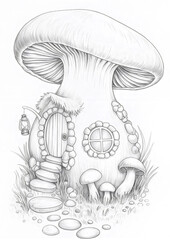Mushroom house in a fantasy forest. Freehand sketch and coloring book page for adults.