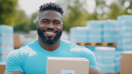 Smiling Man with Box: A close-up shot of a cheerful man holding a box against a backdrop of organized packages, radiating positivity and dedication.