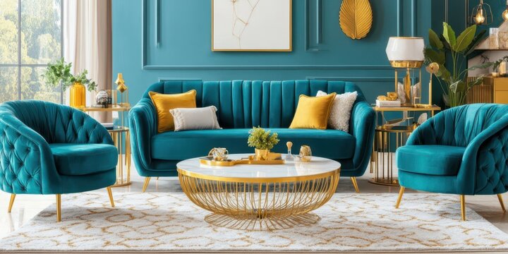Elegant Living Room Ensemble: A lavishly appointed living room showcases a teal sofa and matching armchairs, complemented by gold accents and stylish decor.