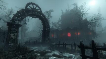 Eerie haunted carnival at night  flickering lights and misty atmosphere create chilling experience