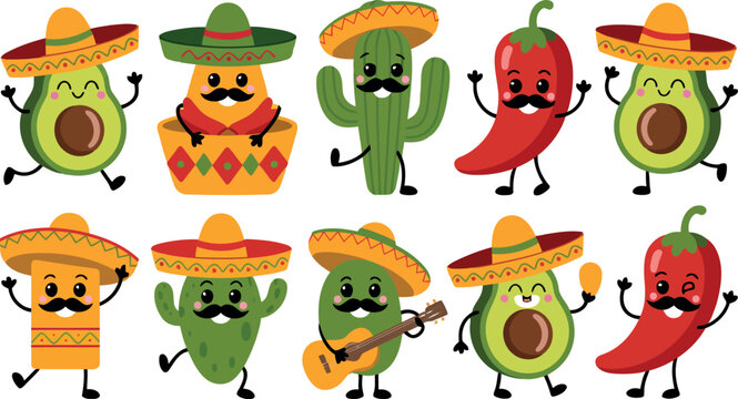 This vibrant image features a collection of cute, anthropomorphic food and plant characters, primarily avocados, chili peppers, and a cactus, all adorned with traditional Mexican sombreros and mustach