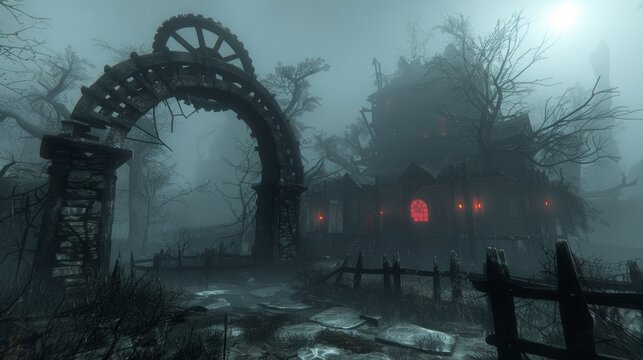 Eerie haunted carnival at night  flickering lights and misty atmosphere create chilling experience