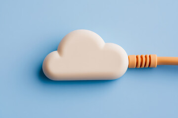 Conceptual rendering of a stylized cloud plugged into a connecting cable, set against a simple, light blue backdrop. Highlights the growing usage of remote computing in a simple fashion.