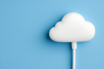 A cloud with a white wire connection on a blue background shows cloud storage and connections, illustrating data networks and digital infrastructure in technology.
