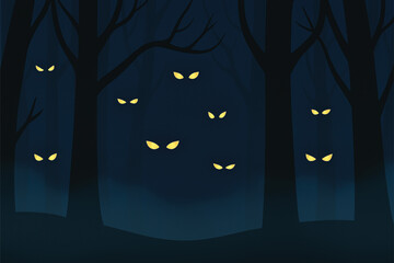 Spooky Dark Forest Halloween Background with Glowing Eyes Vector
