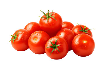 Fresh red tomatoes with green stems PNG &ndash; Isolated on Transparent Background. ideal for food photography, nutrition, or culinary visuals.