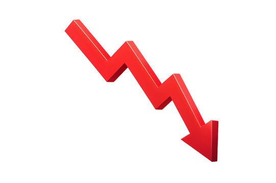Red falling arrow pointing downward  isolated on transparent background..perfect for financial loss, economic downturn, sales drop, or performance dip graphics.