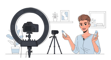 Vector illustration of beauty influencer filming skincare review at home studio with ring light and camera