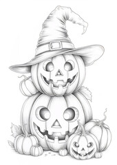 Spooky Halloween pumpkins pile. Freehand sketch and coloring book page for adults.