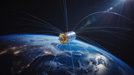 Satellite orbiting earth, connecting the globe with data streams satellite
