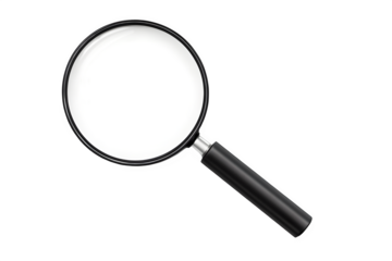 Magnifying glass with black handle and clear lens  isolated on transparent background. ideal for inspection, search icons, or scientific visuals.