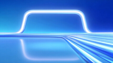 Hyperrealistic 3D rendering of an abstract minimalist blue background with a linear neon frame and rounded corners, featuring bright light trails that glow dynamically across the scene.