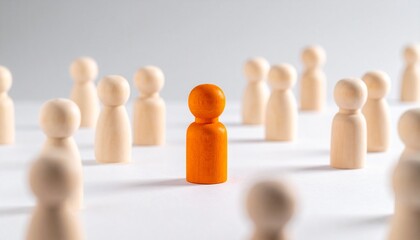 Orange figurine among natural wood group on neutral background, symbolizing individuality and presence.